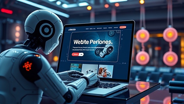 An artistic rendering of a futuristic AI system crafting a website layout in a virtual space, blending human creativity with advanced technology for a visually stunning representation of personalized web design.