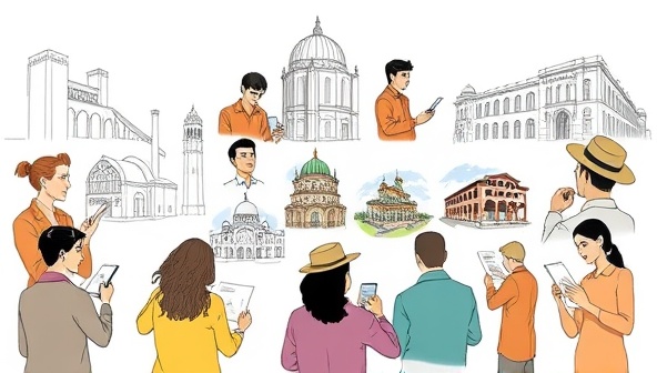 A digital illustration of a diverse group of individuals engaged in an online architectural sketching workshop, each person focused on sketching unique architectural elements, fostering a sense of creativity and learning.