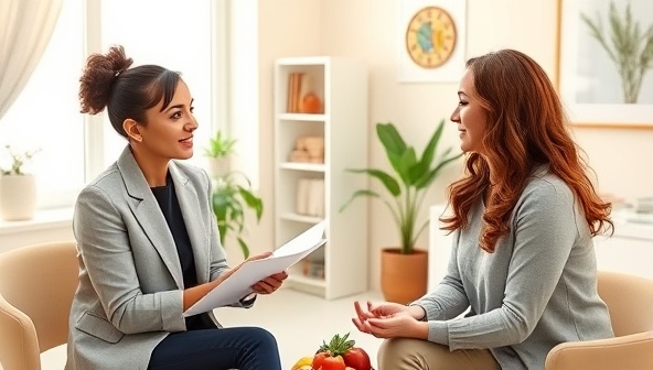 A professional nutritionist consulting with a client in a bright and welcoming office setting, reviewing meal plans and discussing dietary recommendations, conveying a personalized approach to nutrition and well-being.