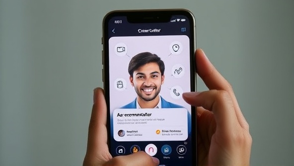 An individual interacting with a virtual AI career counselor on a smartphone screen, receiving personalized career recommendations and skill development tips, illustrating the user-friendly and insightful nature of CareerCrafter AI's career guidance platform.