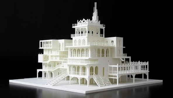 An architectural model showcasing a futuristic building design with intricate 3D printed components, highlighting the precision and complexity achievable through PrintTech Structures' additive manufacturing technology, transforming traditional construction methods with innovative and sustainable practices.