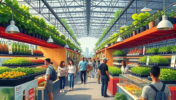 An artistic rendering of a bustling urban marketplace filled with colorful vertical hydroponic farms, customers browsing fresh produce, and farmers engaging with consumers, promoting a sense of community and sustainability in agriculture.