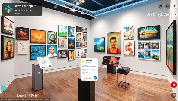 A digital art gallery scene featuring a diverse collection of artworks displayed in a virtual gallery space with interactive elements, artist information pop-ups, and immersive art visuals, showcasing the creative and innovative approach to experiencing art in a digital realm, inviting visitors to explore and engage with art in a dynamic virtual setting.