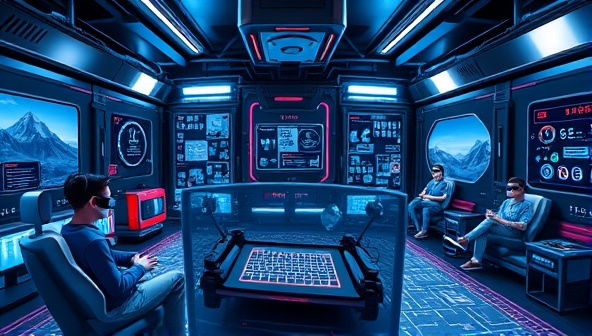 A futuristic virtual reality escape room setting with intricate puzzles, digital clues, and interactive elements, surrounded by a team of animated avatars working together to solve challenges, creating an engaging and thrilling atmosphere.
