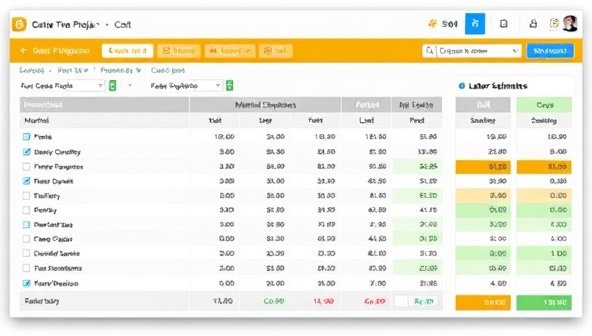 A digital visualization of a construction project estimation software interface, displaying detailed cost breakdowns, material quantities, and labor estimates for a building project, with interactive features for customization and real-time updates, conveying precision and efficiency in project planning.