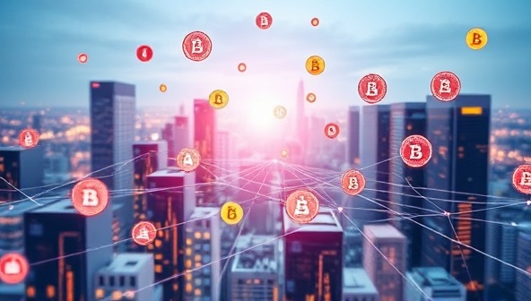 An abstract and futuristic image symbolizing the tokenization process, with digital asset tokens floating in a blockchain network environment, representing the seamless and transparent nature of asset trading on the TokenizeHub platform, set against a backdrop of a digital cityscape to convey scalability and modernity.