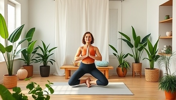 An inviting virtual wellness studio with a health coach leading a yoga session, surrounded by plants, essential oils, and calming decor, creating a tranquil and rejuvenating space for fitness and mindfulness practices.