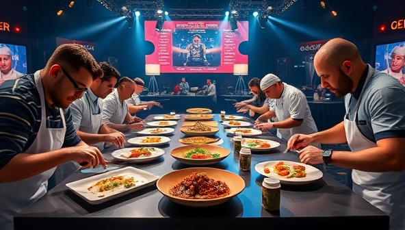 An exhilarating virtual cooking competition scene with participants racing against the clock, chopping, sautéing, and plating dishes under pressure, with judges tasting and critiquing the creations, capturing the excitement and intensity of ChefShowdown Arena's culinary battles.
