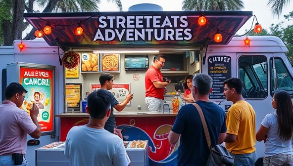 An engaging food truck setup with interactive games, colorful decorations, and customers enjoying a themed food challenge, capturing the lively and dynamic atmosphere of StreetEats Adventure's immersive dining experience, perfect for social media sharing and community engagement.