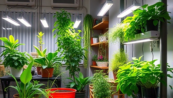 An urban apartment scene transformed into a lush indoor garden, featuring a variety of thriving plants growing in vertical racks under artificial grow lights, with a happy homeowner tending to the greenery, highlighting the beauty of indoor farming.