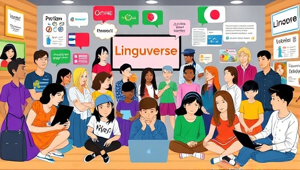 A vibrant language learning hub with diverse avatars engaging in language practice exercises, cultural exchange activities, and virtual study groups, representing the inclusive and interactive nature of the LinguaVerse community for language enthusiasts worldwide.