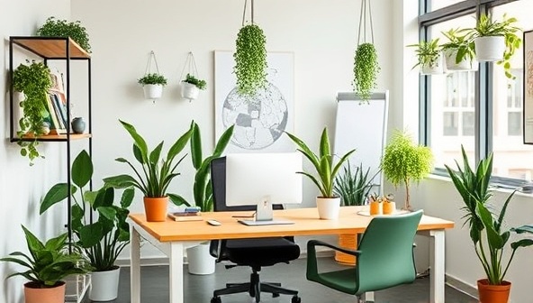 An office workspace featuring eco-friendly decor, potted plants, and sustainable office supplies, reflecting a commitment to green practices and environmental consciousness in business consulting.