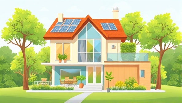 A digital illustration of a modern, eco-friendly home with solar panels on the roof, smart energy-saving devices, and lush greenery surrounding the property, symbolizing sustainability and energy efficiency.