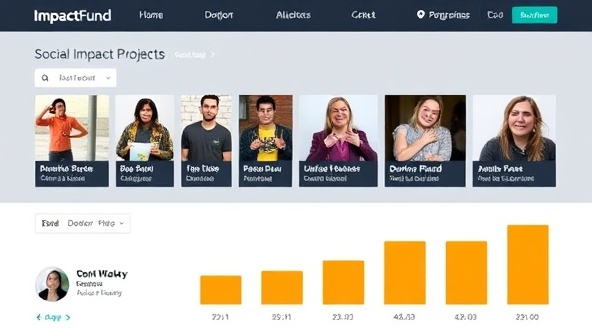 A visual representation of the ImpactFund platform showcasing various social impact projects, donor profiles, and progress bars tracking fundraising goals, symbolizing a transparent and engaging crowdfunding experience for social causes.