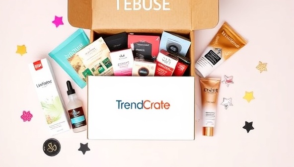 An enticing flat lay of a beautifully curated subscription box filled with a variety of deluxe products, showcasing the diversity and quality of items that subscribers can expect from TrendCrate, creating a sense of anticipation and delight for potential customers.