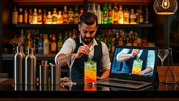 A stylish home bar setup with a mixologist crafting a colorful cocktail, surrounded by cocktail shakers, garnishes, and a laptop screen displaying a live virtual mixology class, creating a fun and interactive atmosphere for cocktail enthusiasts and aspiring bartenders.
