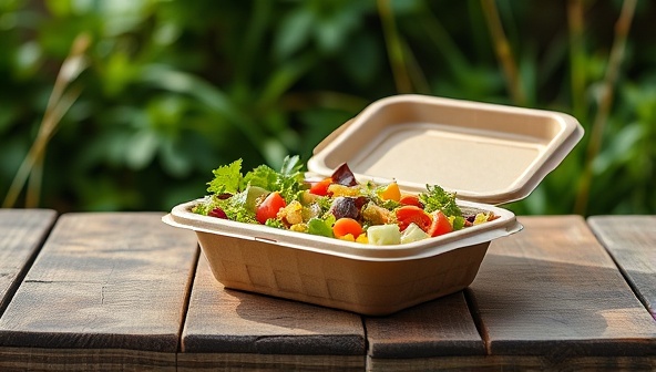 An artistic photo of a compostable food container filled with a vibrant salad, placed on a rustic wooden table with a backdrop of lush greenery, conveying the harmony between nature and sustainable food practices.