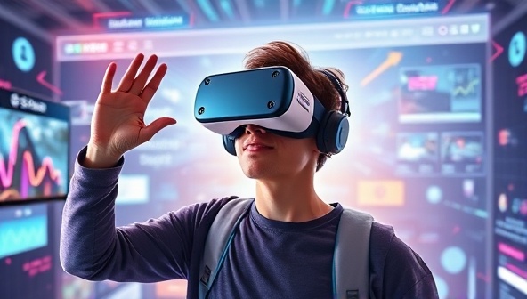 An exciting visualization of a person wearing a VR headset, exploring a virtual representation of a website design, surrounded by futuristic digital elements and interactive features, illustrating the immersive VR WebCraft experience.