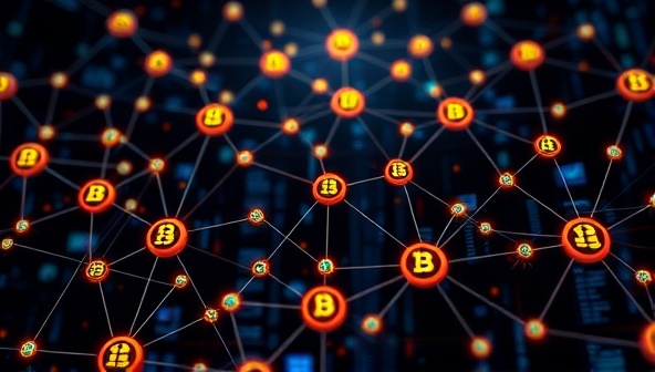 An artistic representation of interconnected blockchain nodes symbolizing decentralized betting transactions, with digital assets flowing securely between users in a transparent and autonomous exchange environment, highlighting the innovation and trustworthiness of the platform.