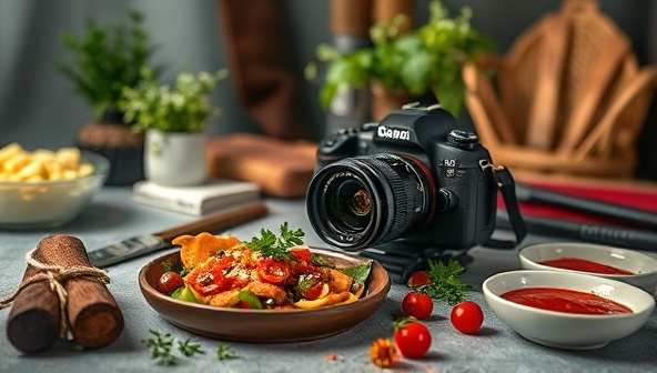 A well-lit and beautifully styled food photography setup with a camera capturing a vibrant dish surrounded by props, garnishes, and photography tools, exuding creativity and professionalism, reflecting the essence of PixelPlates' workshops.