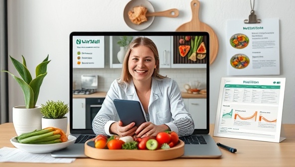 An engaging visual representation of a virtual nutrition session with a nutritionist discussing meal plans, dietary recommendations, and wellness tips with a client through a video call, accompanied by healthy food imagery and nutritional charts, conveying a sense of guidance and support from NutriWell.