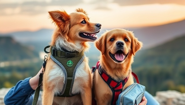 A heartwarming image of a pet owner and their furry companion enjoying a scenic view together, with the pet wearing a travel harness and the owner holding a pet care kit, showcasing the bond and companionship between pets and their owners during travel adventures.