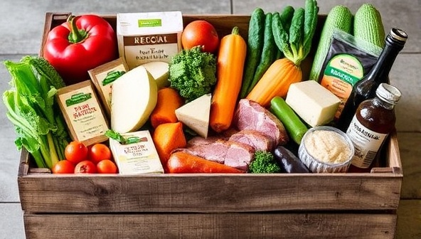 A colorful and diverse selection of fresh produce, artisanal cheeses, locally sourced meats, and organic pantry staples arranged in a rustic wooden crate, symbolizing the farm-to-table ethos and the variety of high-quality products available through FreshHarvest Market's grocery delivery service.