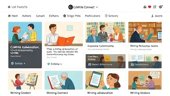 An interactive platform interface displaying a diverse range of writing collaboration projects with authors, editors, and illustrators working together virtually, showcasing the versatility and creative synergy enabled by CoWrite Connect, fostering a global community of collaborative writers.