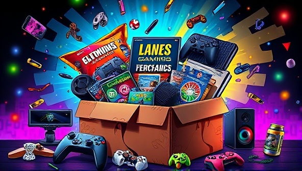 An artistic depiction of a vibrant and colorful gaming-themed subscription box overflowing with gaming merchandise, accessories, and collectibles, evoking a sense of joy and anticipation for subscribers awaiting their monthly gaming surprises.