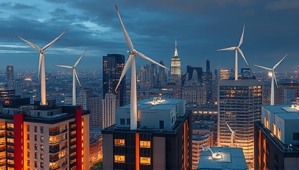 An urban skyline featuring rooftop wind turbines integrated into residential and commercial buildings, spinning gracefully in the wind against a backdrop of city lights, symbolizing a harmonious blend of modern architecture and renewable energy solutions.