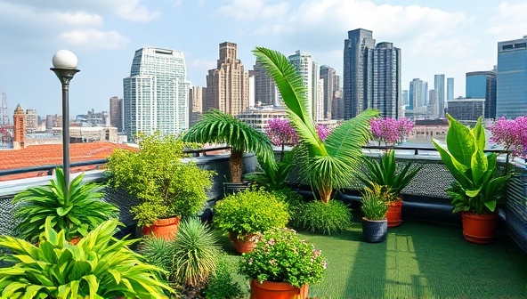 A lush, green urban garden oasis on a city rooftop with a view of skyscrapers in the background.