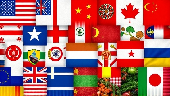 An artistic collage of various international flags intertwined with images of diverse ingredients like spices, vegetables, and proteins, symbolizing the fusion of different culinary traditions in a visually appealing way.