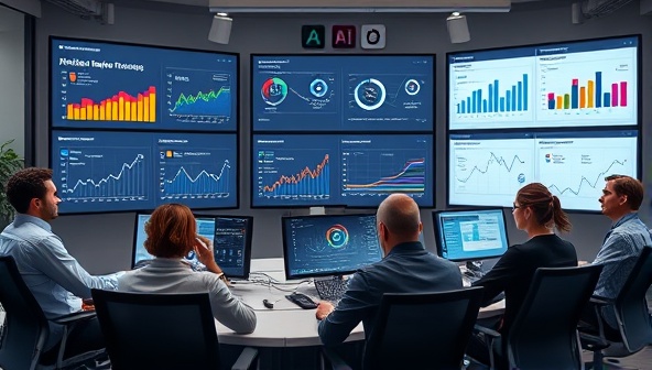 A virtual office setting with multiple screens displaying data analytics dashboards, alongside a diverse team engaged in a virtual strategy session, symbolizing collaboration and technology-driven solutions.