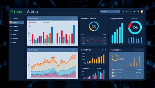 An AI-powered HR analytics dashboard displaying employee performance metrics, recruitment data, and HR recommendations, illustrating the innovative use of AI in human resources consulting for data-driven decision-making.