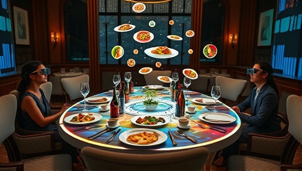 An elegant dining table set with digital projections of vibrant and appetizing dishes, interactive elements floating above the table, and diners wearing AR glasses, immersing themselves in a futuristic culinary experience.