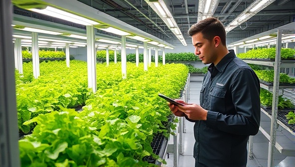 A modern, sleek vertical farm setup with rows of vibrant green vegetables under LED lights, surrounded by futuristic IoT sensors and a technician monitoring the system on a tablet, illustrating high-tech agriculture in action.