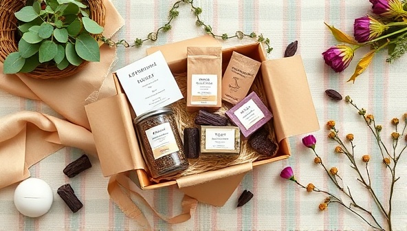 An aesthetically pleasing flat lay image featuring a beautifully arranged artisanal subscription box filled with exquisite handmade products, surrounded by elements that evoke a sense of creativity and craftsmanship, capturing the essence of the Artisanal Delights Box experience.