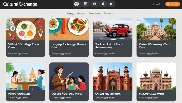 An interactive platform interface showcasing a diverse array of cultural exchange offerings, including virtual cooking classes, language exchange sessions, traditional music performances, and guided tours of historical landmarks, encouraging users to explore and engage in cross-cultural experiences.