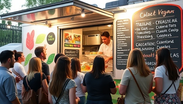A vibrant and bustling food truck scene with customers lined up to order colorful plant-based dishes, a friendly chef serving a delicious meal with fresh ingredients, and a chalkboard menu showcasing unique vegan options, creating a lively and inviting atmosphere.