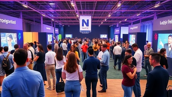 A virtual event space with avatars representing attendees interacting in a vibrant and engaging virtual environment, showcasing the immersive and interactive nature of virtual events on the platform.