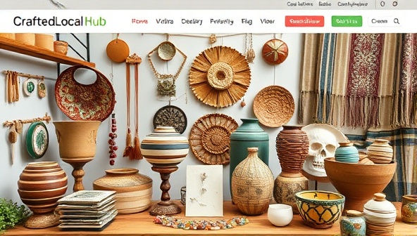 A visually appealing website mockup featuring a diverse array of artisan products like handmade jewelry, ceramics, and textiles displayed in a virtual marketplace setting, highlighting the unique and creative offerings available on CraftedLocal Hub.
