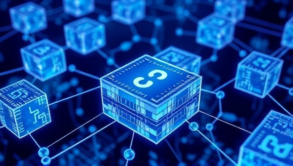 An interconnected network of digital ad blocks secured by blockchain technology, with transparent transaction records visible on each block, symbolizing the trust and security provided by AdChain Secure's ad verification platform.
