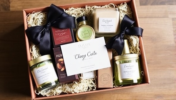 A beautifully arranged custom gift box filled with an assortment of high-quality items such as chocolates, candles, and spa products, adorned with a personalized note and ribbon, exuding elegance and thoughtfulness.