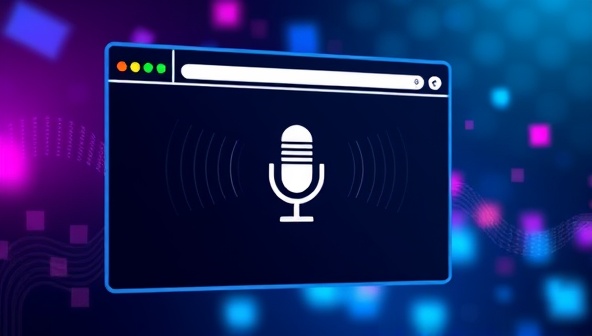 An artistic representation of a website screen with a microphone icon and sound waves emanating from it, symbolizing the concept of voice-activated interactions and hands-free browsing in a visually captivating manner.