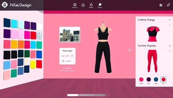 A digital design studio interface featuring a variety of fabric swatches, design elements, garment templates, and customization tools, inspiring users to unleash their creativity and design their perfect fitness apparel with FitFab Design Studio.