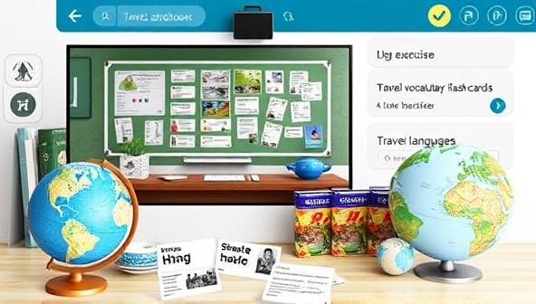 An online language lesson interface displaying a virtual classroom setting with language exercises, travel vocabulary flashcards, and interactive language quizzes, accompanied by a globe and travel guidebooks, creating an immersive language learning experience for travel enthusiasts.