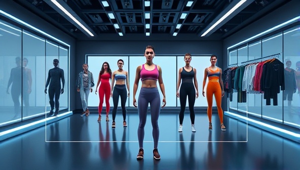 An interactive digital display showcasing a virtual avatar trying on different workout outfits in a futuristic fitness studio setting, emphasizing the innovative and personalized virtual fitting experience offered by FitFlex Virtual Wardrobe.
