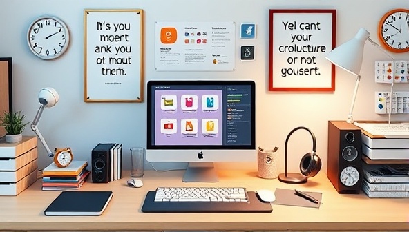 A digital workspace visualization featuring a clutter-free desk setup with productivity tools, motivational quotes, and time management gadgets, illustrating a focused and organized environment conducive to enhanced productivity and success.