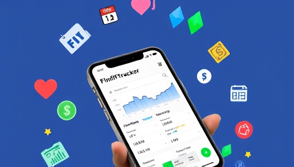 An engaging visual of a mobile phone displaying the FinFitTracker app interface, with colorful graphs, spending categories, and financial goals tracking, surrounded by icons symbolizing financial health, stability, and growth, creating a sense of empowerment and control over personal finances.