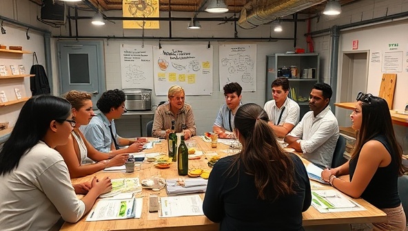 A virtual incubator setting with a diverse group of food entrepreneurs attending a mentorship session led by industry experts, engaging in collaborative discussions and networking activities, surrounded by concept sketches, product samples, and business plans, symbolizing innovation and culinary entrepreneurship in action.